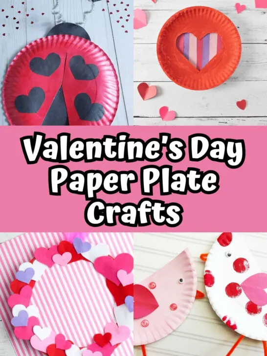 Collage of four different Valentine's Day crafts made with paper plates.