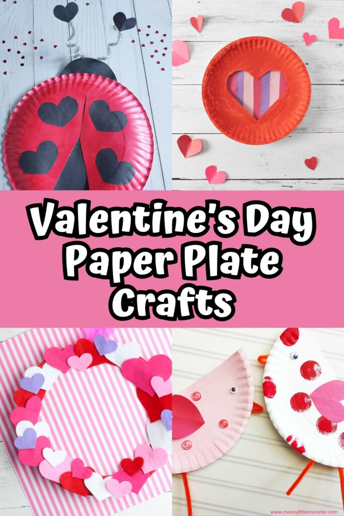 Collage of four different Valentine's Day crafts made with paper plates.
