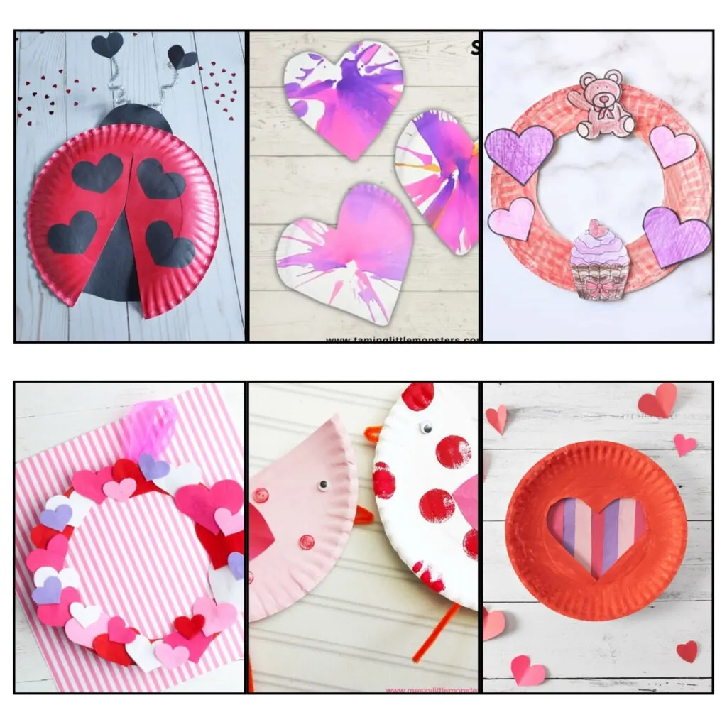 Six paper plate crafts for Valentine's Day.
