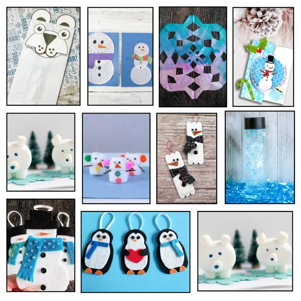 Collage of 11 different winter crafts such as polar bears, snowflakes, snowman, and penguins.