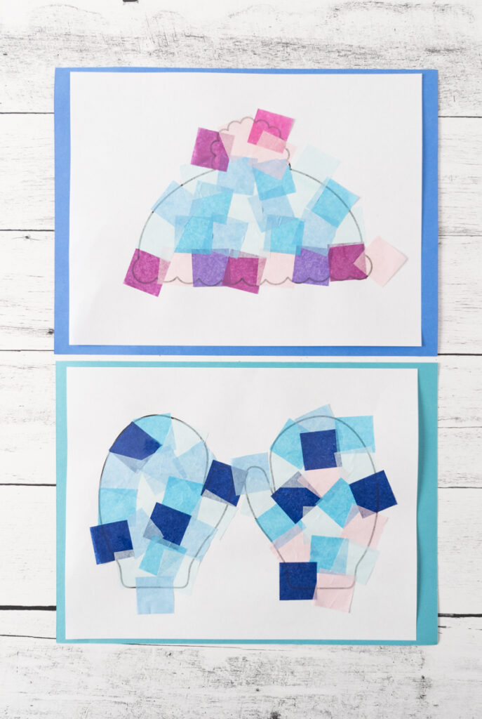 mittens and hat winter suncatcher templates covered in assorted tissue paper colors.