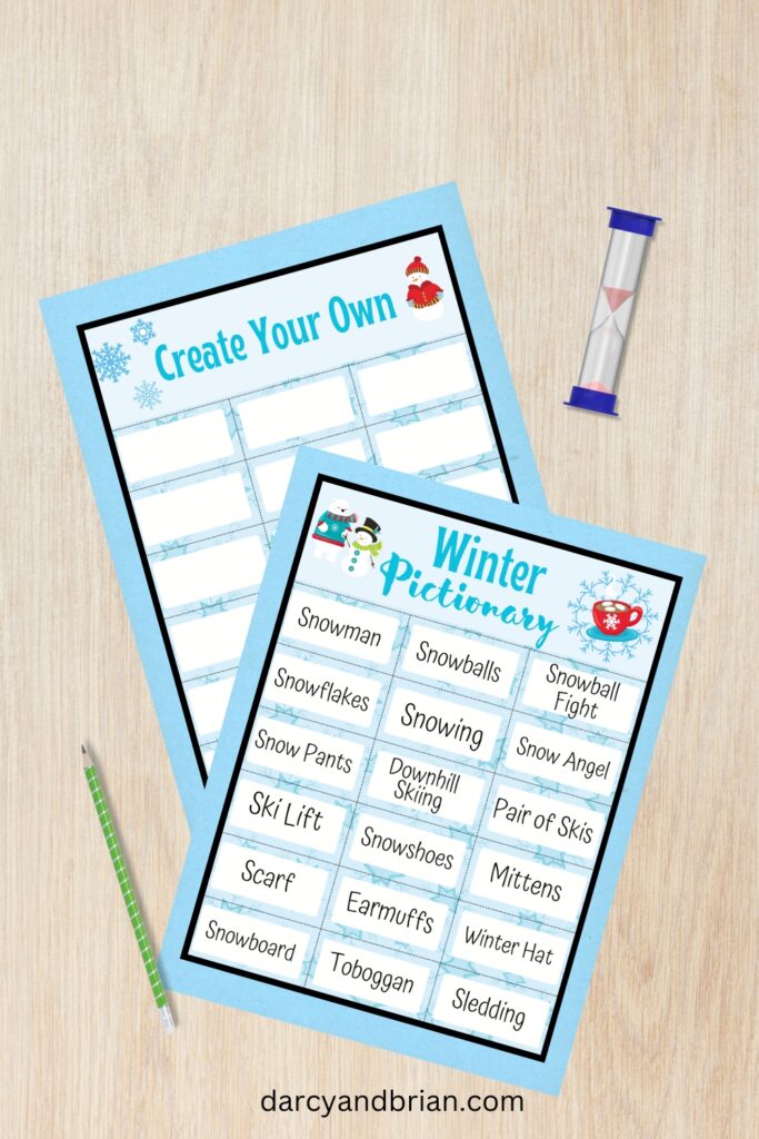 Mockup with one page of Winter themed Pictionary word cards and one page of blank cards to make your own.