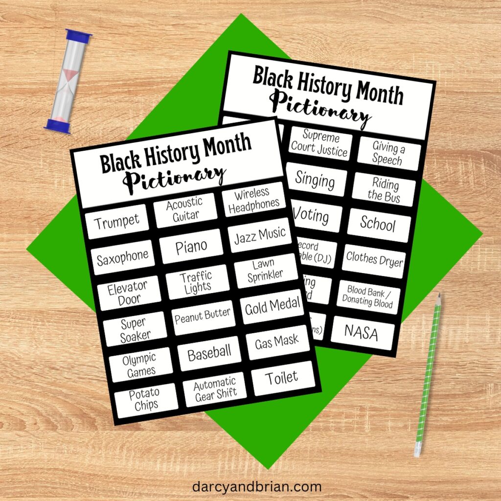 Digital mockup of two sheets of Black History Month Pictionary drawing prompts on green with a pencil and sand timer laying on a table.