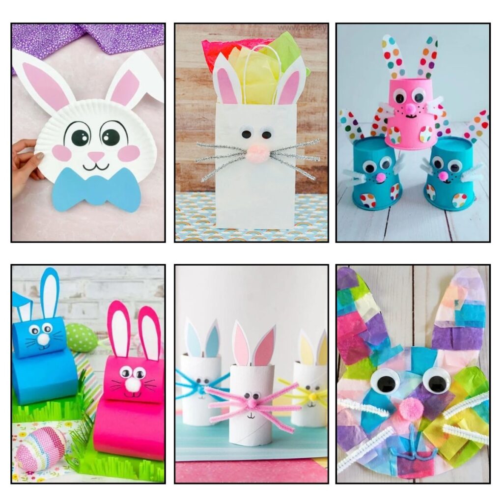 Collage image of six different bunny themed craft projects kids can make.