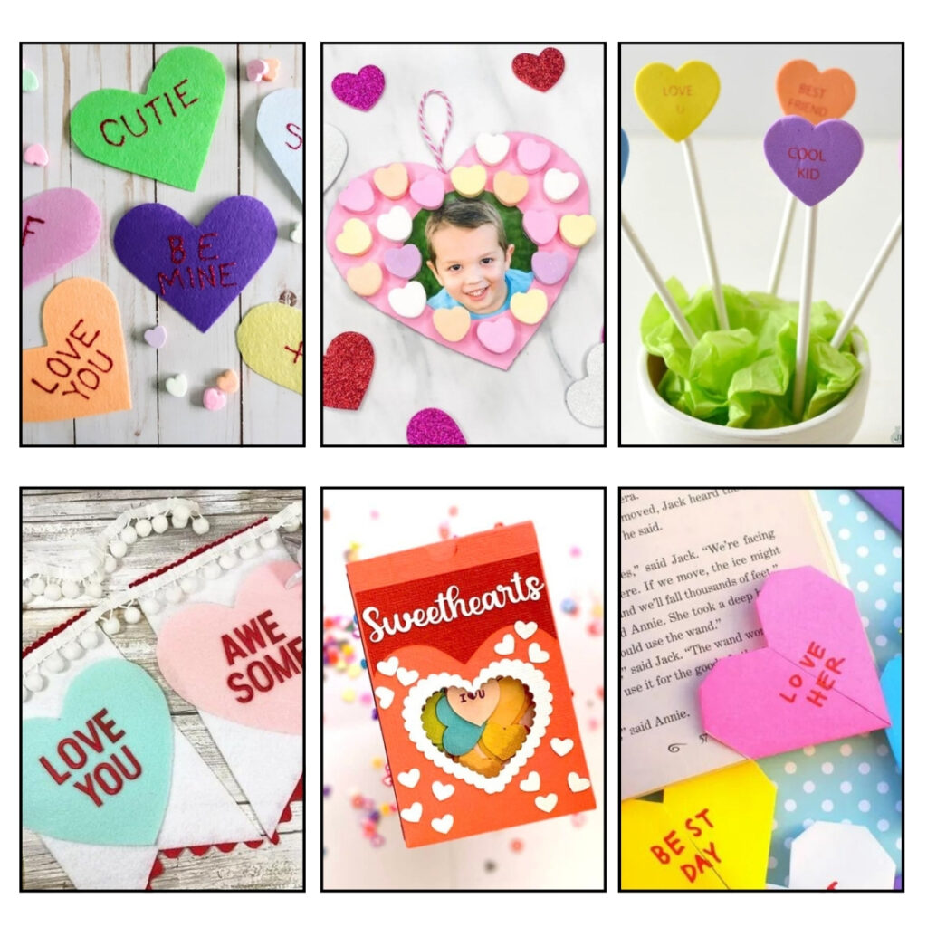 Six photos of different candy conversation heart craft projects.