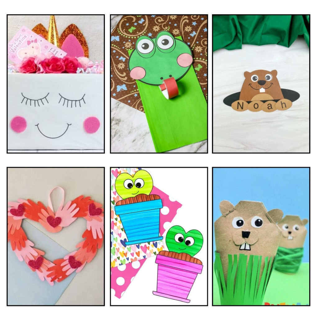 Six different crafts that kids can make in February. Includes valentine crafts, frog crafts, groundhog crafts, and more.