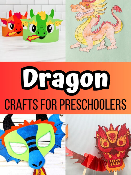 Four image collage of different dragon crafts preschool children can make.