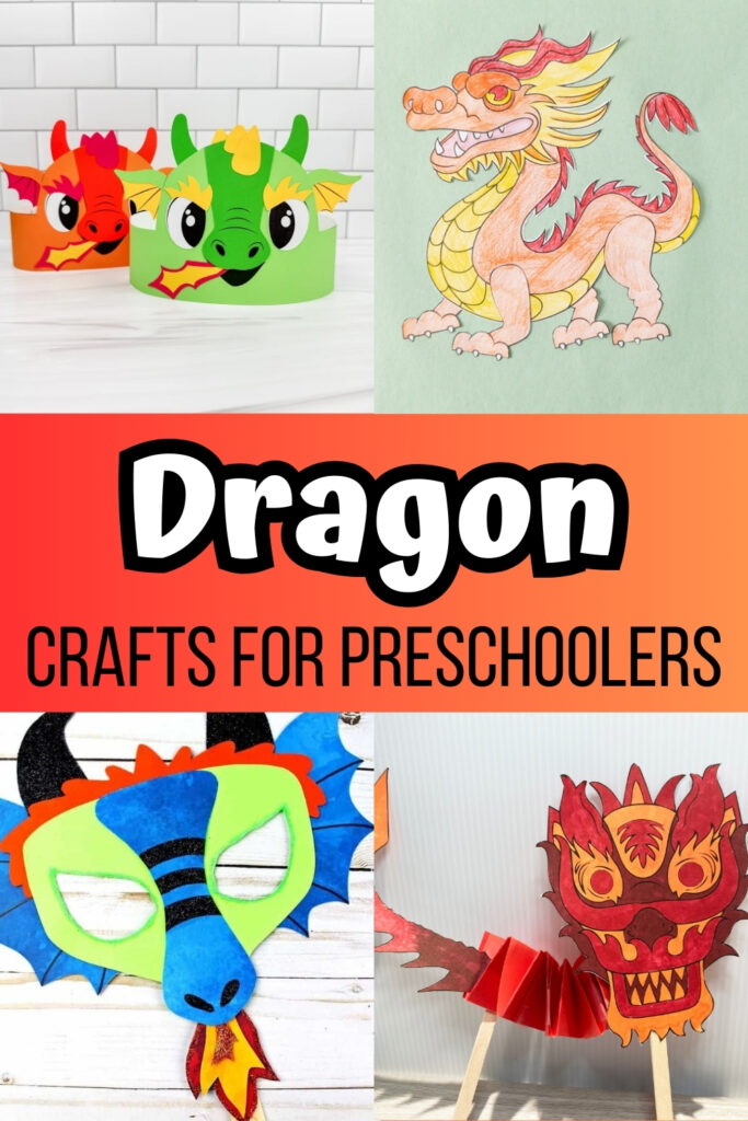Four image collage of different dragon crafts preschool children can make.