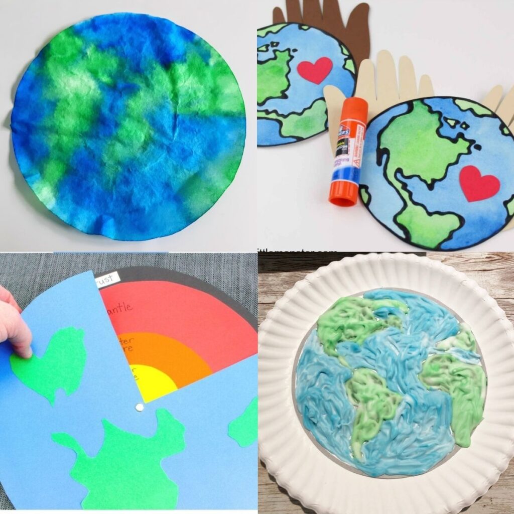 Collage of four different Earth Crafts for Preschoolers