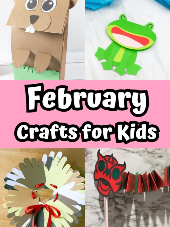 Collage image of four different craft projects for different February holidays or special events.