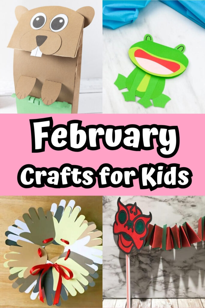 Collage image of four different craft projects for different February holidays or special events.