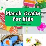 Image collage of six different bright, colorful craft projects perfect for kids to make during March.