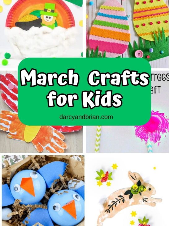 Image collage of six different bright, colorful craft projects perfect for kids to make during March.