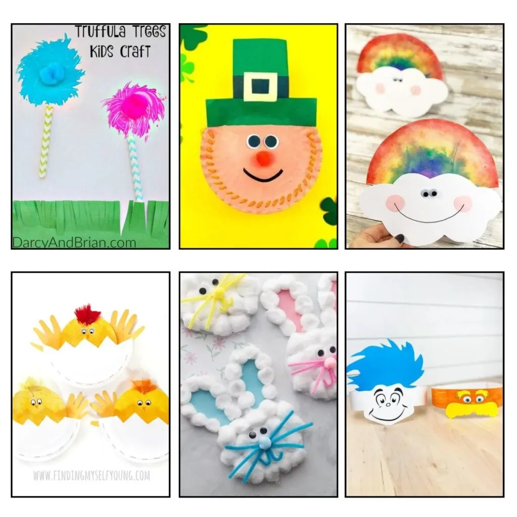 Square collage of six different craft projects: truffula trees, leprechaun, rainbow, bunnies, and more.