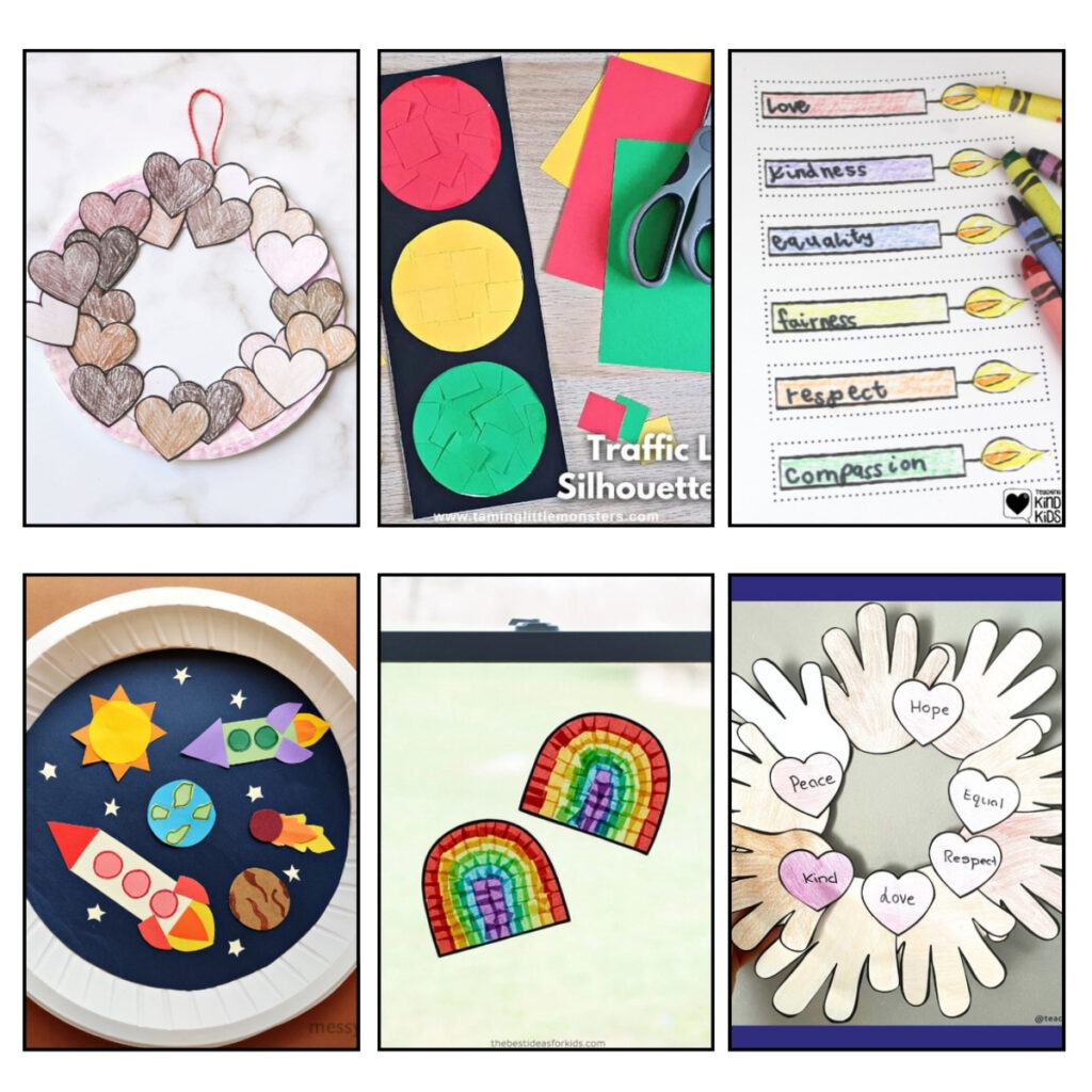 Six different Black history preschool craft projects featuring a traffic light, unity and diversity wreaths, rainbows, a paper plate space craft.