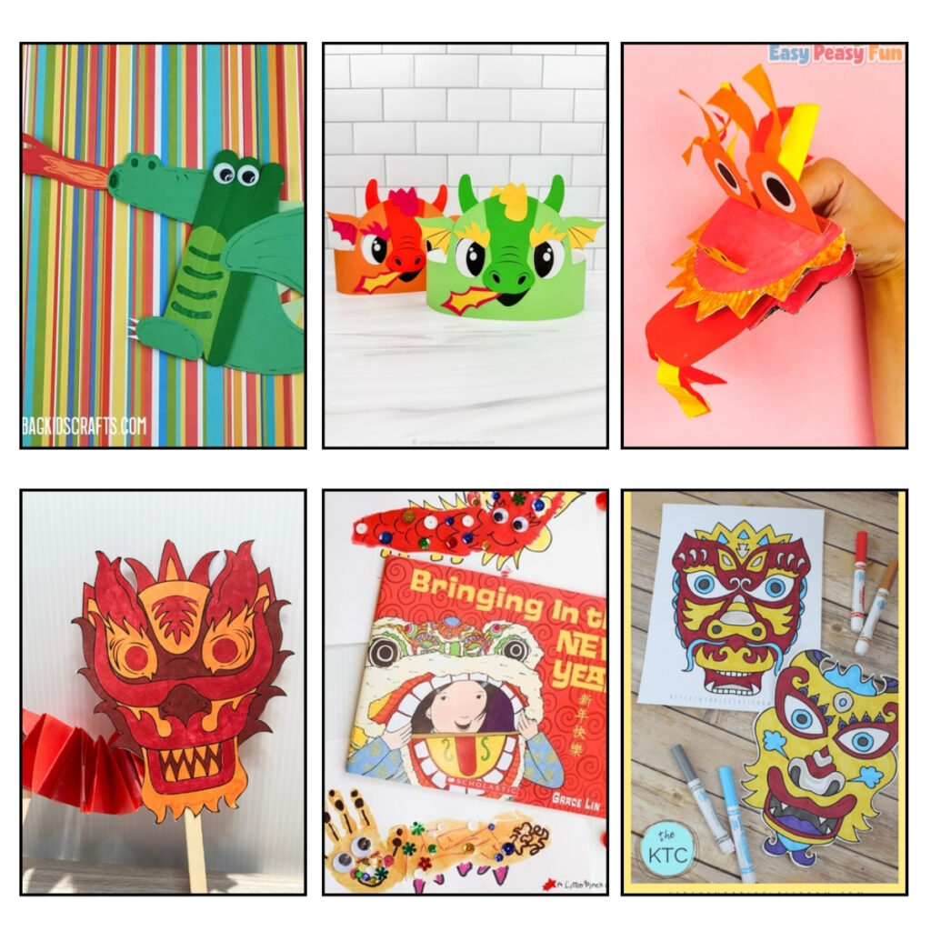 Six completed dragon craft projects for kids.