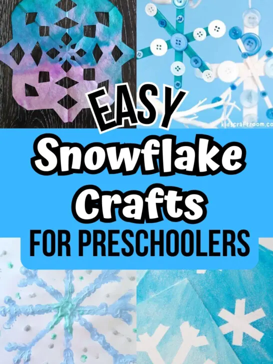 Image collage of four different snowflake craft projects. Middle has black and white text that says Easy Snowflake Crafts for Preschoolers over a blue background.