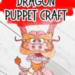 Completed printable dragon craft to make a red and orange dragon finger puppet.