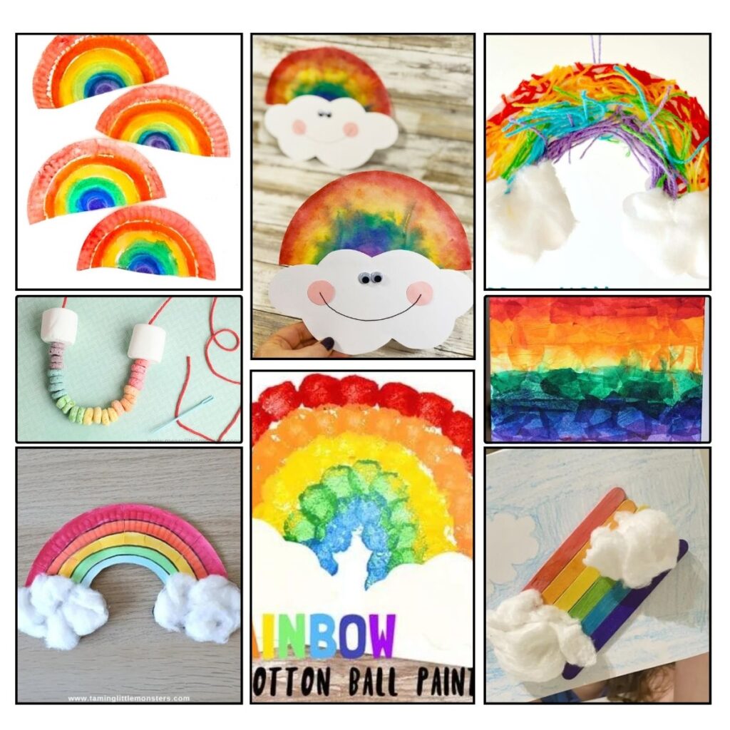Collage of 8 different Rainbow crafts for Preschoolers