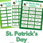 Mockup of St. Patricks Day charades pages laying on green paper, overlapping each other on a white desk. Green shamrock erasers and a green ruler at the top. Lower part says St Patrick's Day Charades in green text.