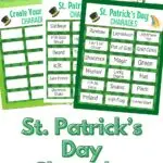 Mockup of St. Patricks Day charades pages laying on green paper, overlapping each other on a white desk. Green shamrock erasers and a green ruler at the top. Lower part says St Patrick's Day Charades in green text.