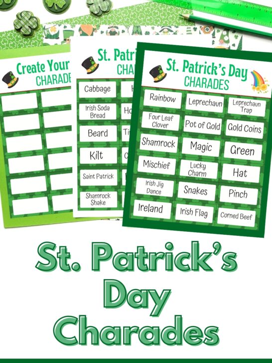 Mockup of St. Patricks Day charades pages laying on green paper, overlapping each other on a white desk. Green shamrock erasers and a green ruler at the top. Lower part says St Patrick's Day Charades in green text.