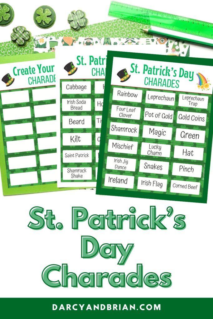 Mockup of St. Patricks Day charades pages laying on green paper, overlapping each other on a white desk. Green shamrock erasers and a green ruler at the top. Lower part says St Patrick's Day Charades in green text.