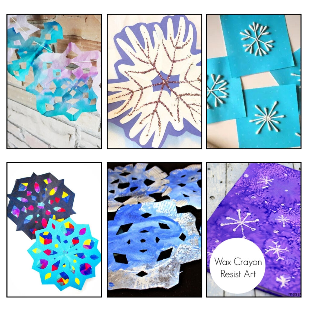 Square image with six different snowflake-themed craft projects such as using coffee filters, cotton swabs, handprints, tissue paper, and wax resist art.
