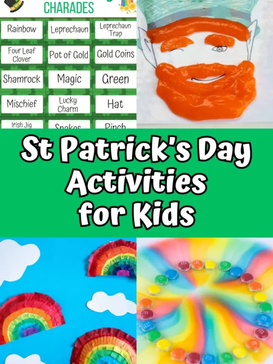 Collage of four different activities that are perfect for kids to do for St Patrick's Day. It shows St. Patrick's Day Charades, orange slime, a rainbow craft, and a rainbow candy science experiment.