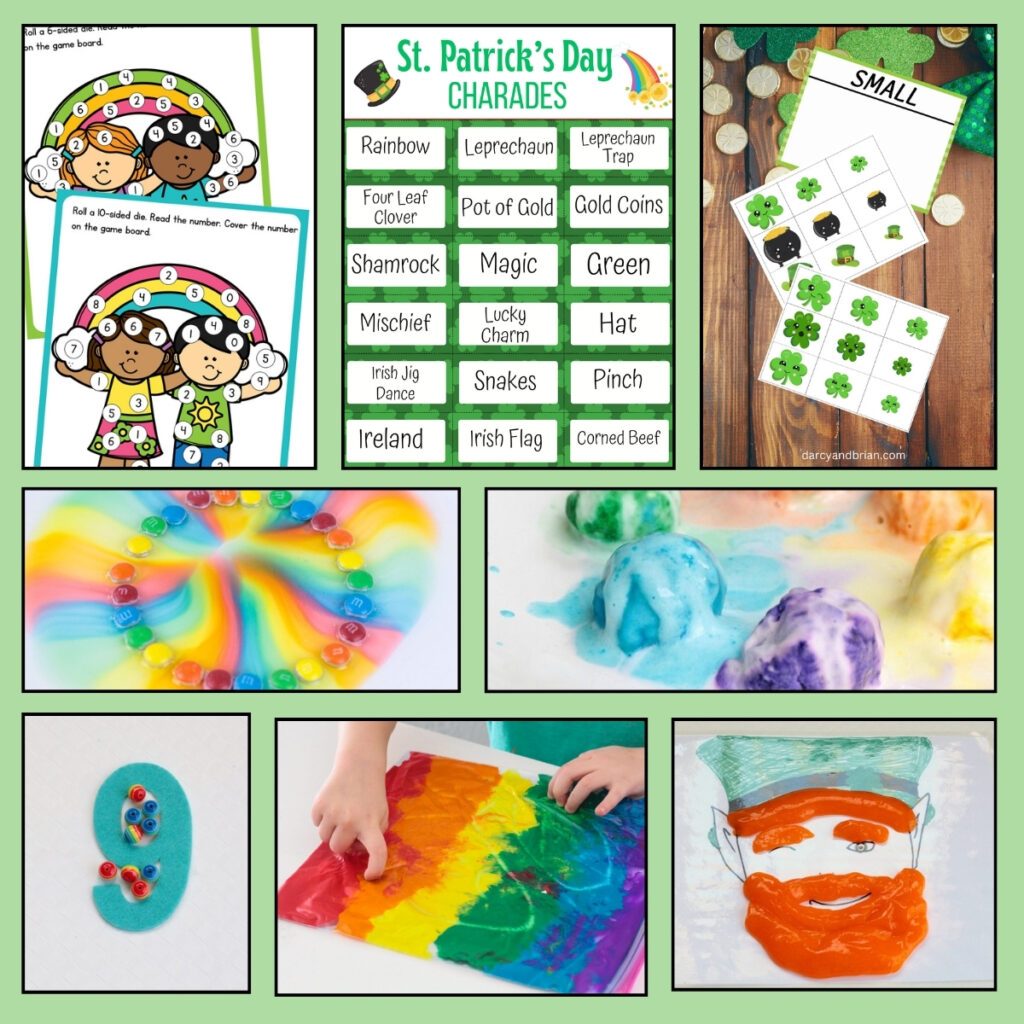 Eight image collage of a variety of Saint Patrick's Day themed activities kids can do.