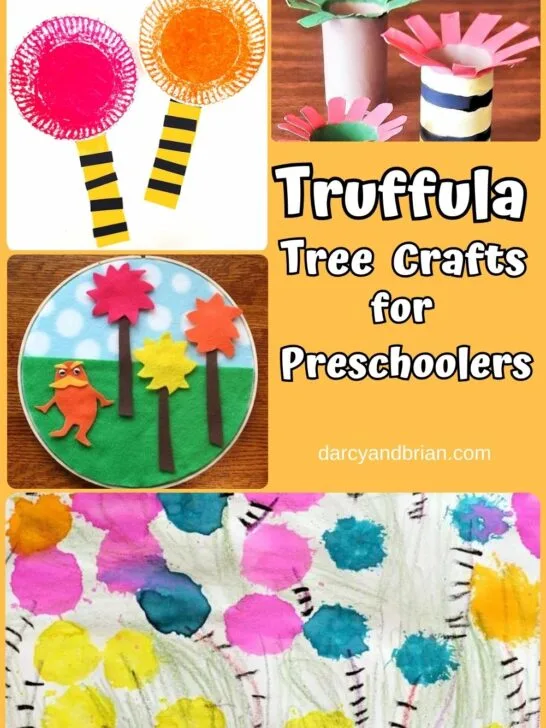 Collage image of four different arts and crafts featuring colorful Truffula Trees.