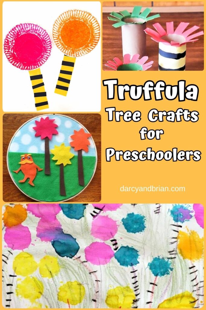 Collage image of four different arts and crafts featuring colorful Truffula Trees.