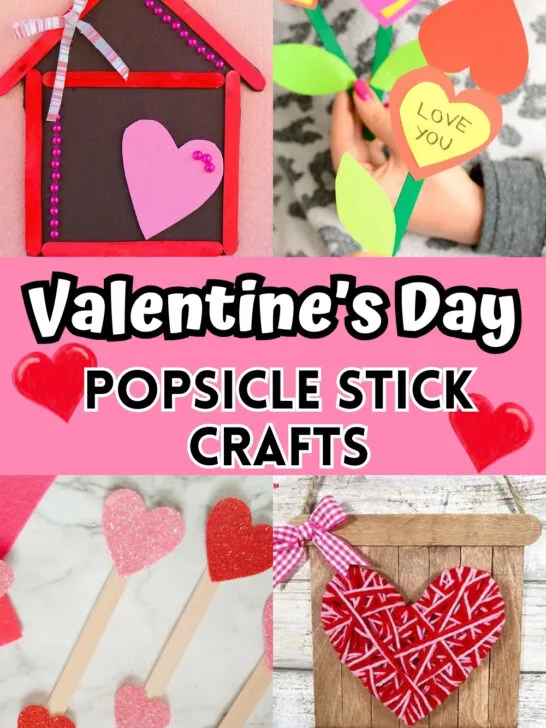 Four different valentine crafts made with popsicle sticks in a collage image.