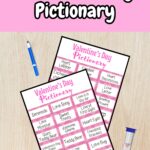 Top of image says Valentine's Day Pictionary in white and black text on a light pink background. Below that is a preview of two pages of drawing prompts.
