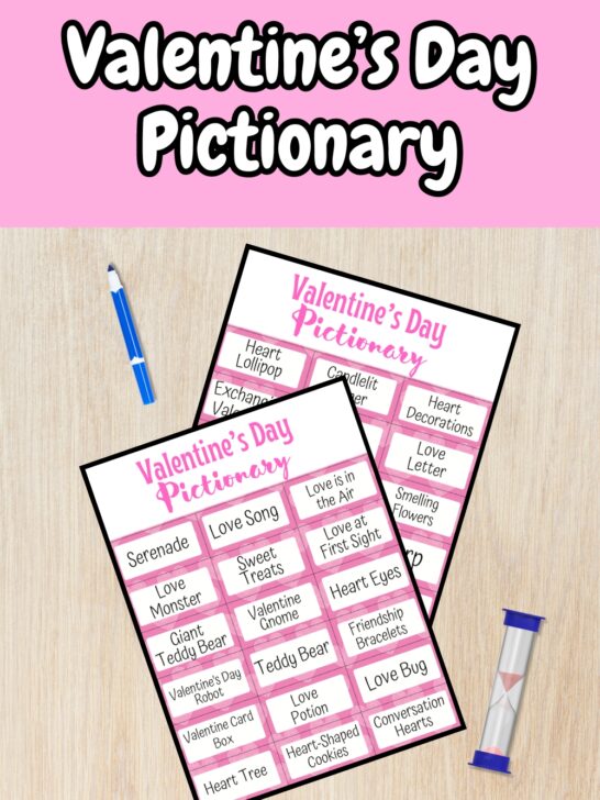 Top of image says Valentine's Day Pictionary in white and black text on a light pink background. Below that is a preview of two pages of drawing prompts.