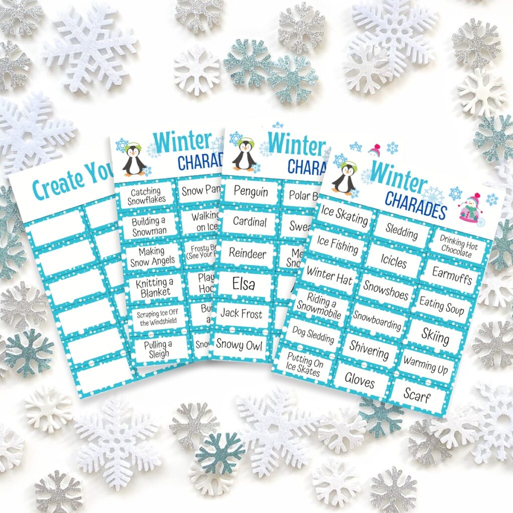 Preview of all four printable pages for the winter charades game fanned out over a snowflake background.