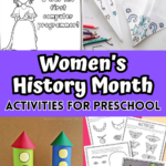 Collage of preschool activities for Women's History Month. Includes coloring pages, airplane craft, rocket craft, and Frida Kahlo printables.