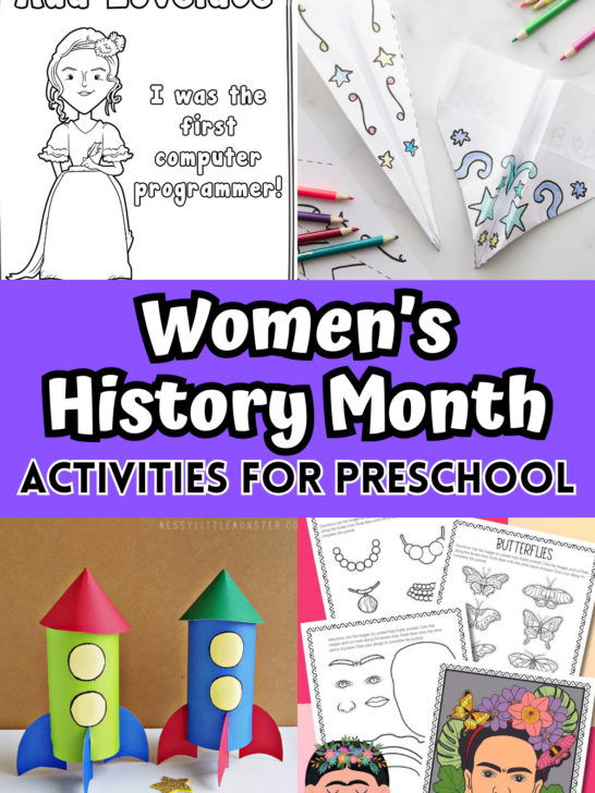 Collage of preschool activities for Women's History Month. Includes coloring pages, airplane craft, rocket craft, and Frida Kahlo printables.