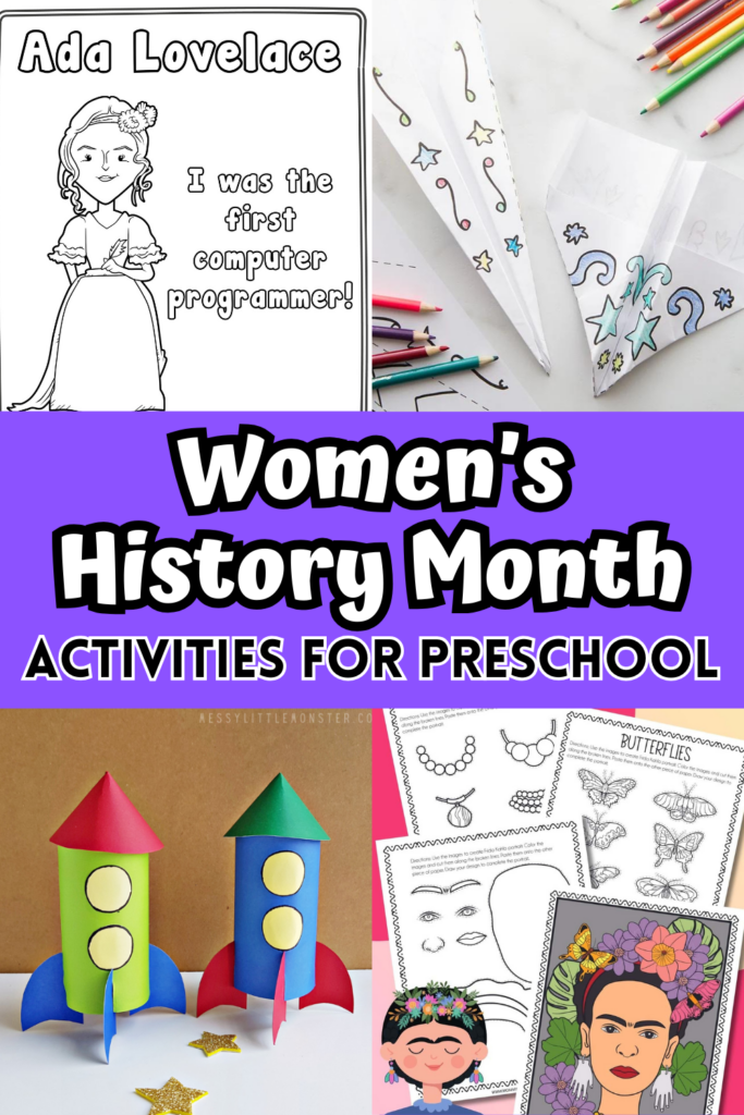 Collage of preschool activities for Women's History Month. Includes coloring pages, airplane craft, rocket craft, and Frida Kahlo printables.