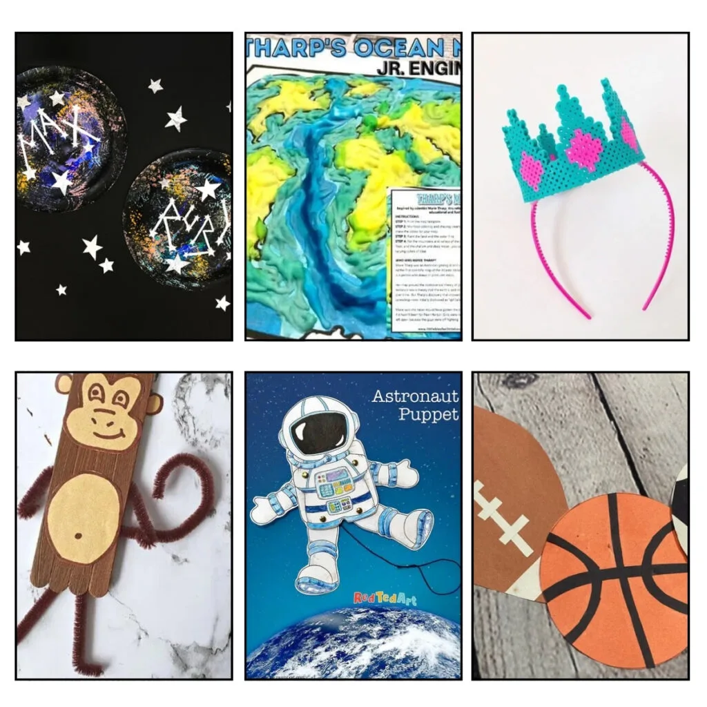 Six different craft projects for celebrating iconic women in history. Includes a constellation art project, an ocean mapping project, a crown craft, a monkey craft, an astronaut paper puppet, and sport ball paper crafts.