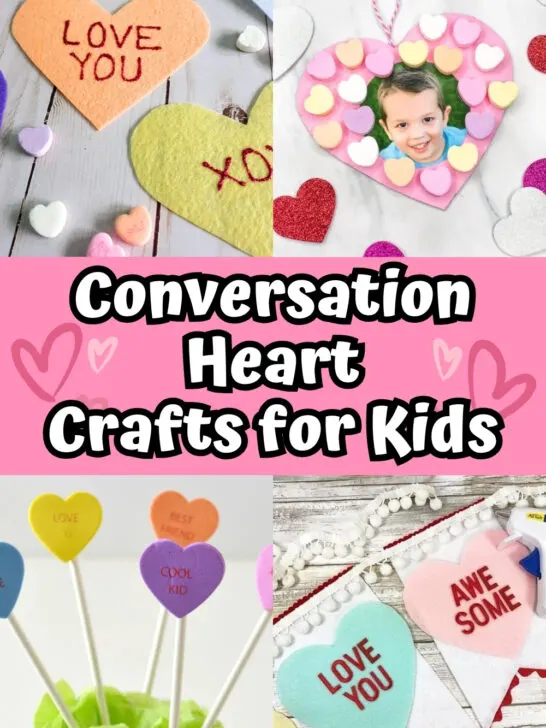 Collage of four different conversation heart themed craft projects kids can make.