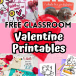 Collage image of four different examples of printable valentines that can be used in a classroom exchange.