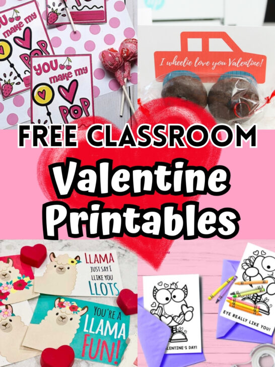 Collage image of four different examples of printable valentines that can be used in a classroom exchange.