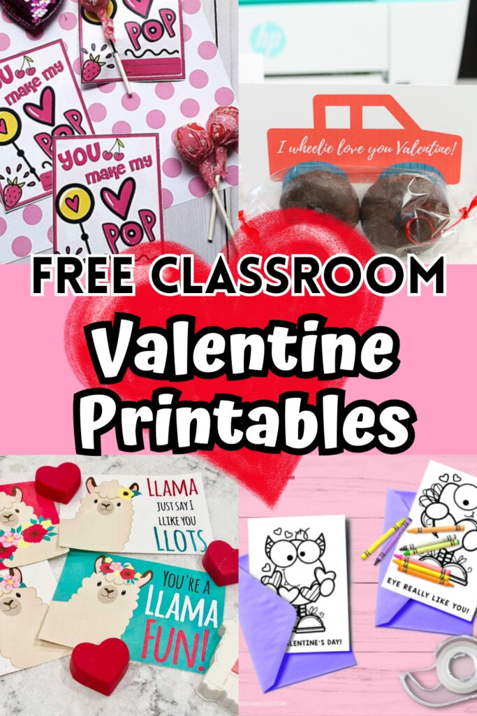 Collage image of four different examples of printable valentines that can be used in a classroom exchange.