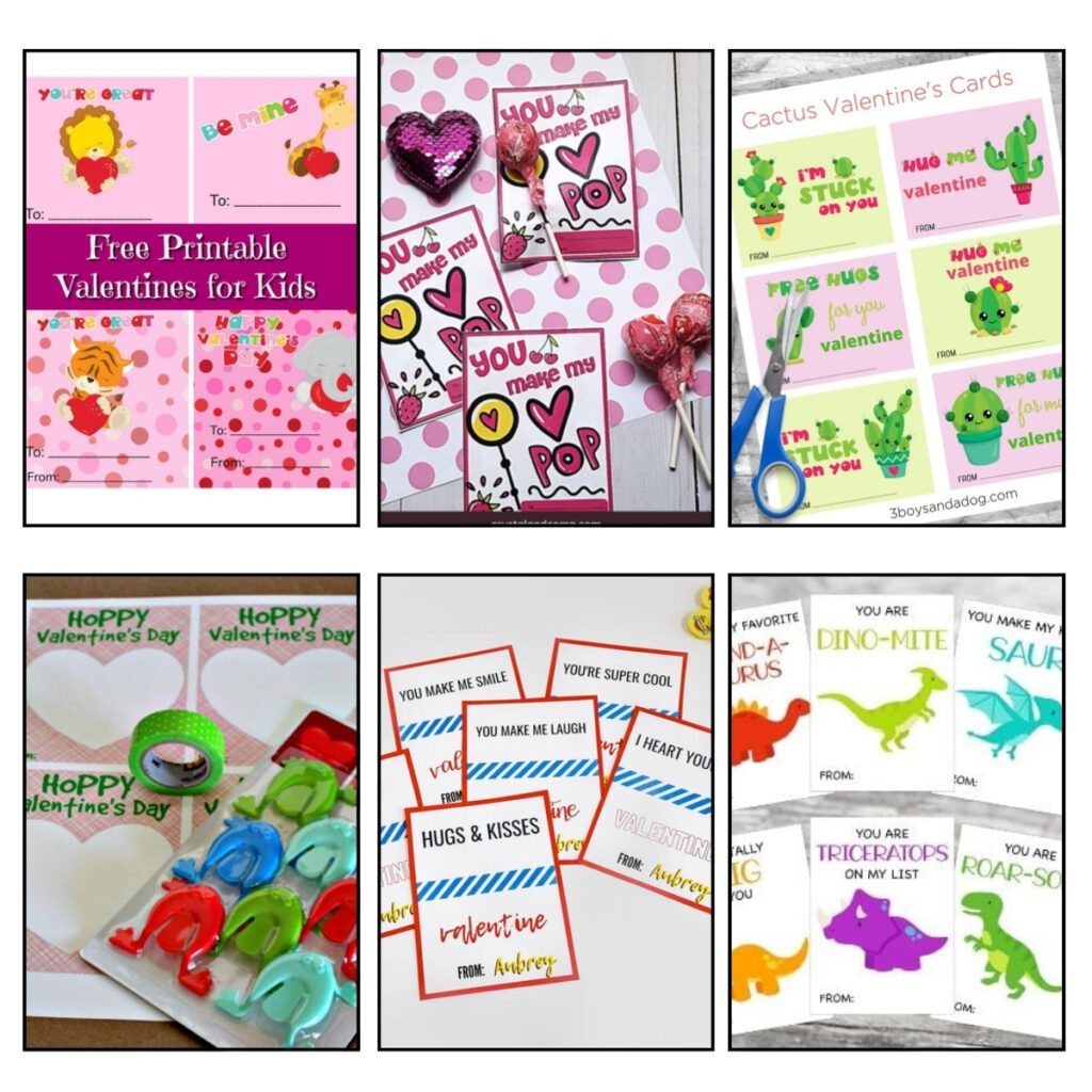 Image with six different printable classroom valentines for kids.