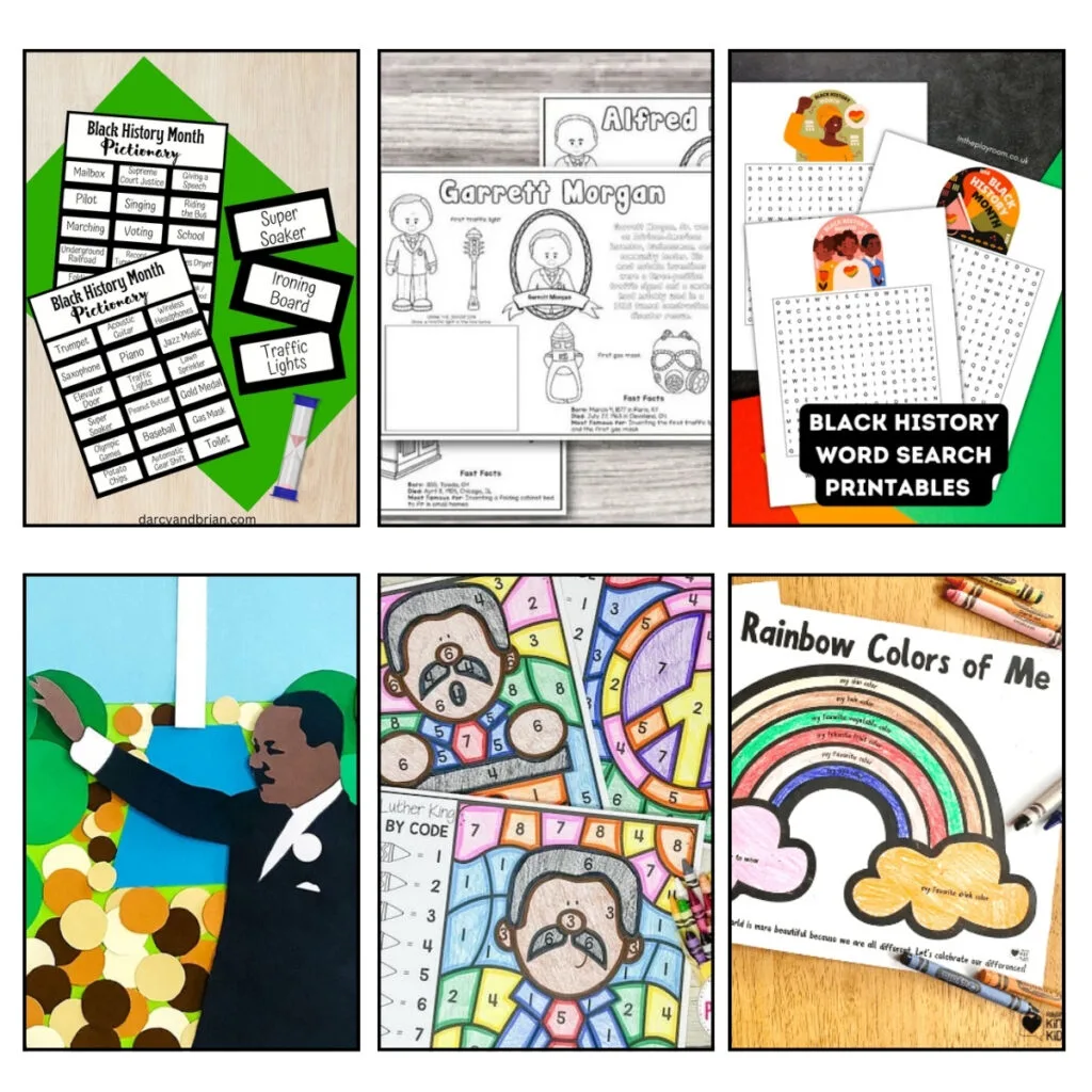 Six different printable Black History month activities. Featuring printable games, coloring pages, and worksheets for kids.