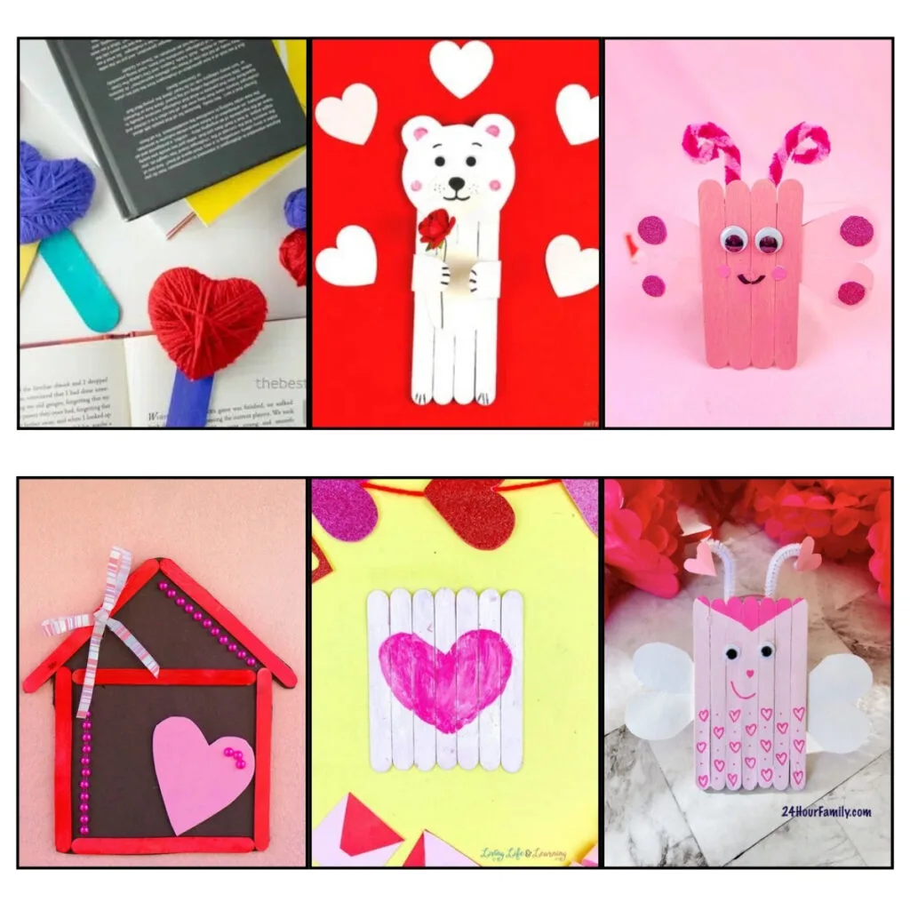 Featuring six different Valentine's Day themed popsicle stick crafts for kids.