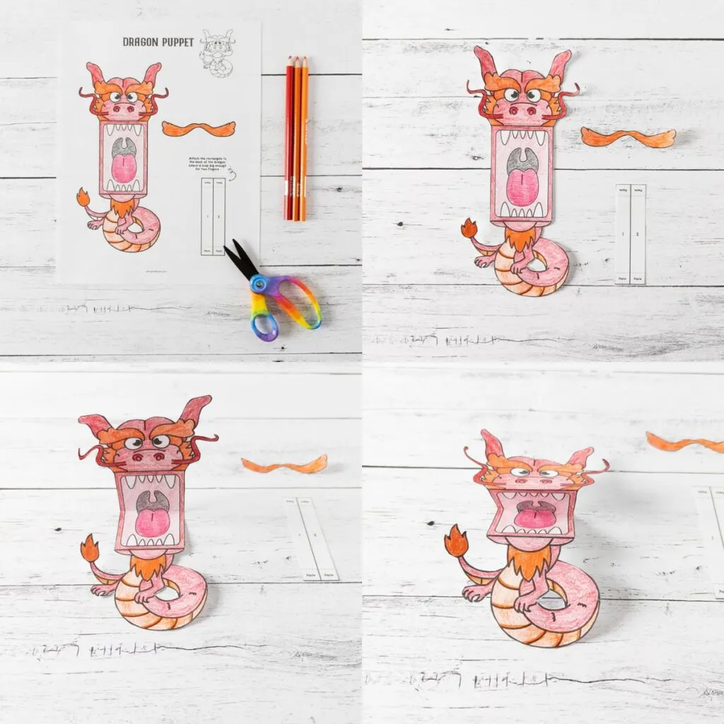 Four image collage photo showing the steps of coloring the printable dragon craft template, cutting it out and folding it to create a finger puppet.