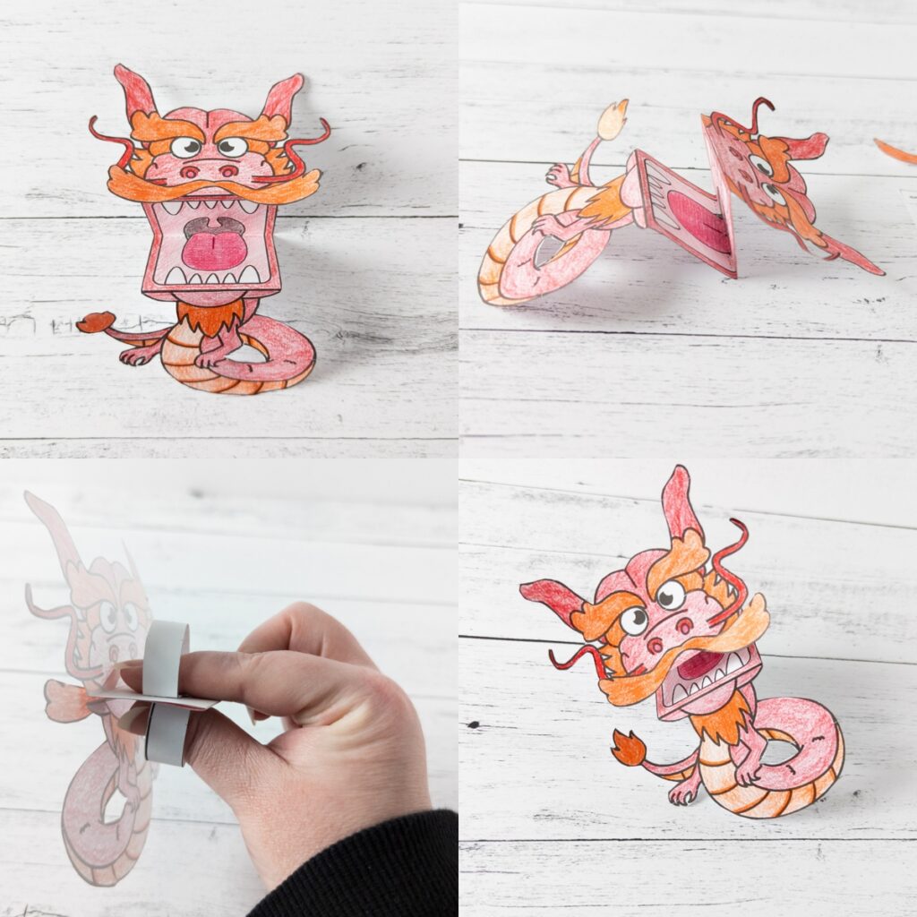 Four images showing how the folded mouth looks from the front and side to create the dragon finger puppet and where the paper loops go for your fingers.
