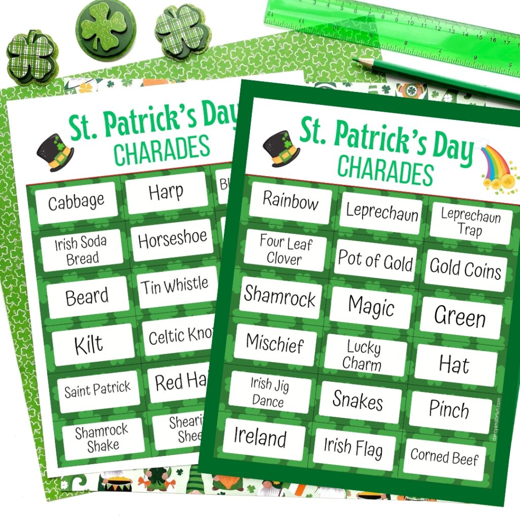 Green Saint Patrick's Day themed digital mockup of two pages of charades prompts laying over different shades of green paper.